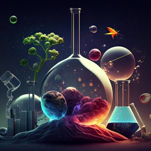 Science background illustration, scientific design. Flasks, glass and chemistry, physics elements. Generative AI.